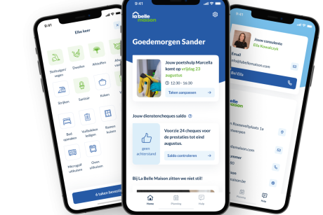 Overzicht verschillende schermen van La Belle Maison Applicatie. Overzicht taken, overzicht applicatie en contact met consulent op schermen van een gsm