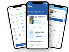 Overzicht verschillende schermen van La Belle Maison Applicatie. Overzicht taken, overzicht applicatie en contact met consulent op schermen van een gsm